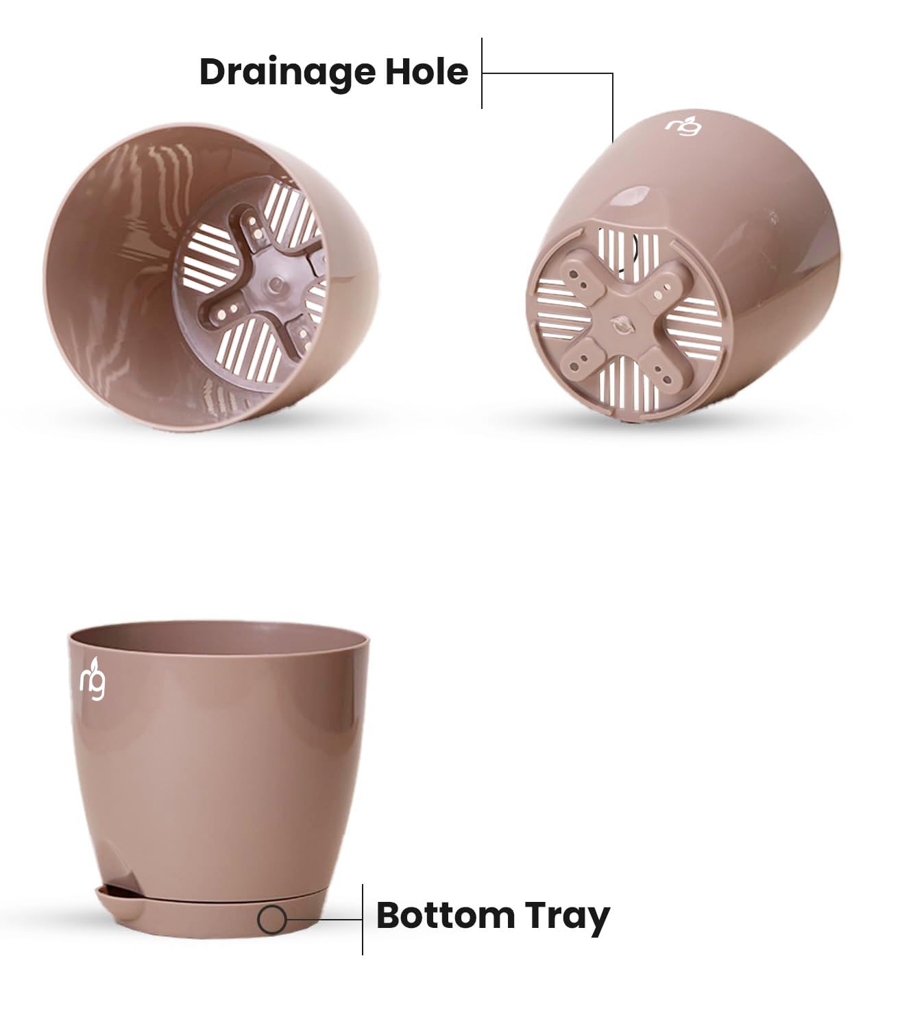 Nectar Combo of 8 Mocha Self-Watering Plastic Pots with Glossy Finish